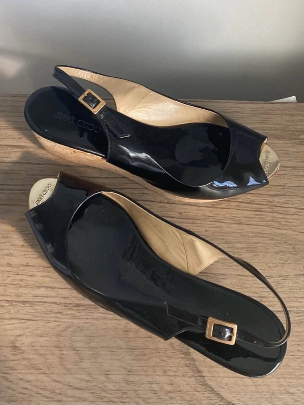 Jimmy Choo Black Patent Leather Wedge Peep-Toe Size IT 41 - US 10.5 width 3”